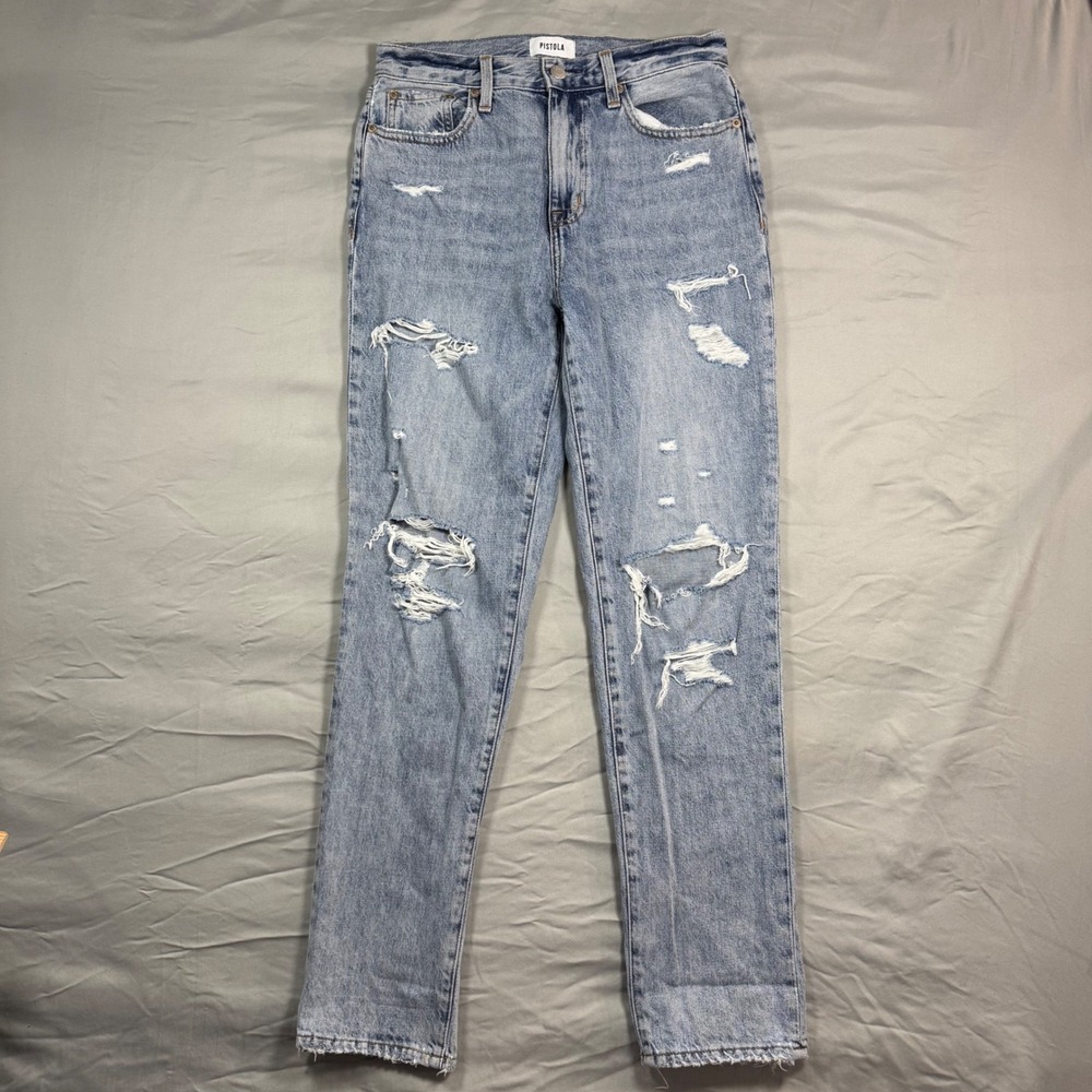 Pistola Womens High Rise Straight Leg Distressed Jeans Light Wash Blue Sz 26 - Picture 2 of 10